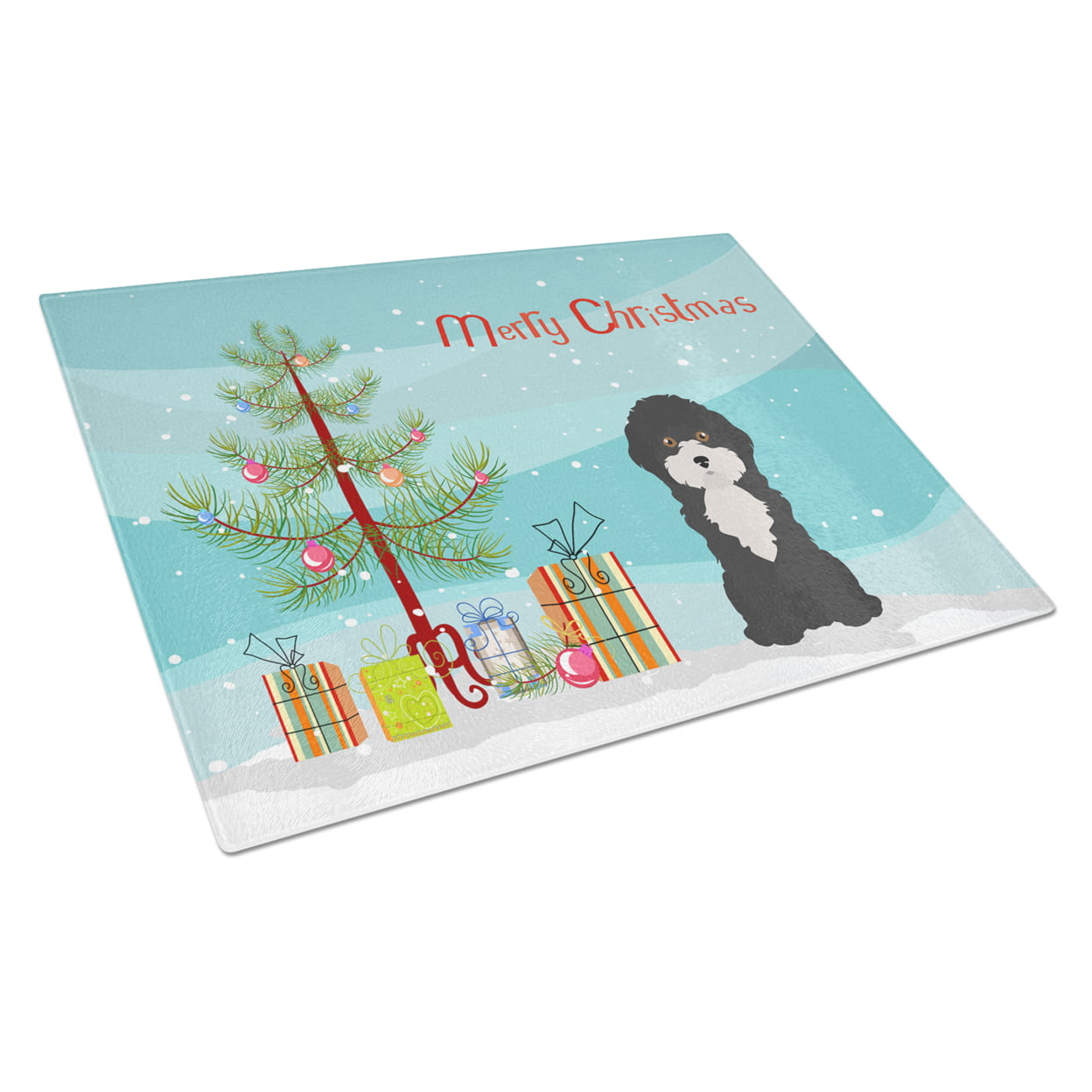 Picture of Carolines Treasures CK3497LCB Black & White Cyprus Poodle Christmas Tree Glass Cutting Board - Large