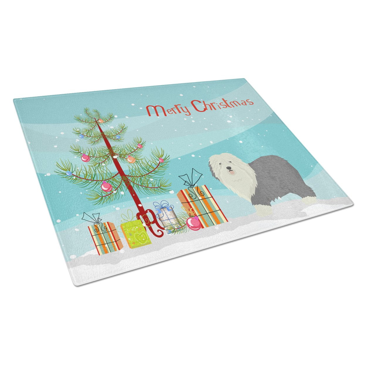CK3552LCB Old English Sheepdog Christmas Tree Glass Cutting Board - Large