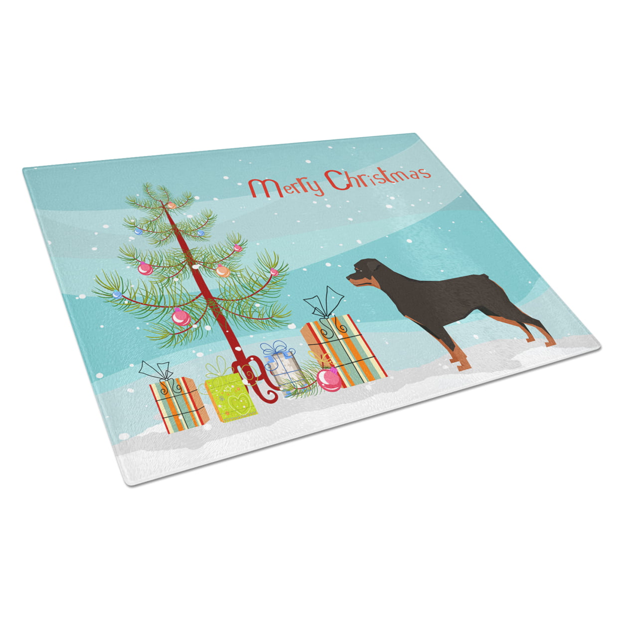 Picture of Carolines Treasures CK3558LCB Rottweiler Christmas Tree Glass Cutting Board - Large