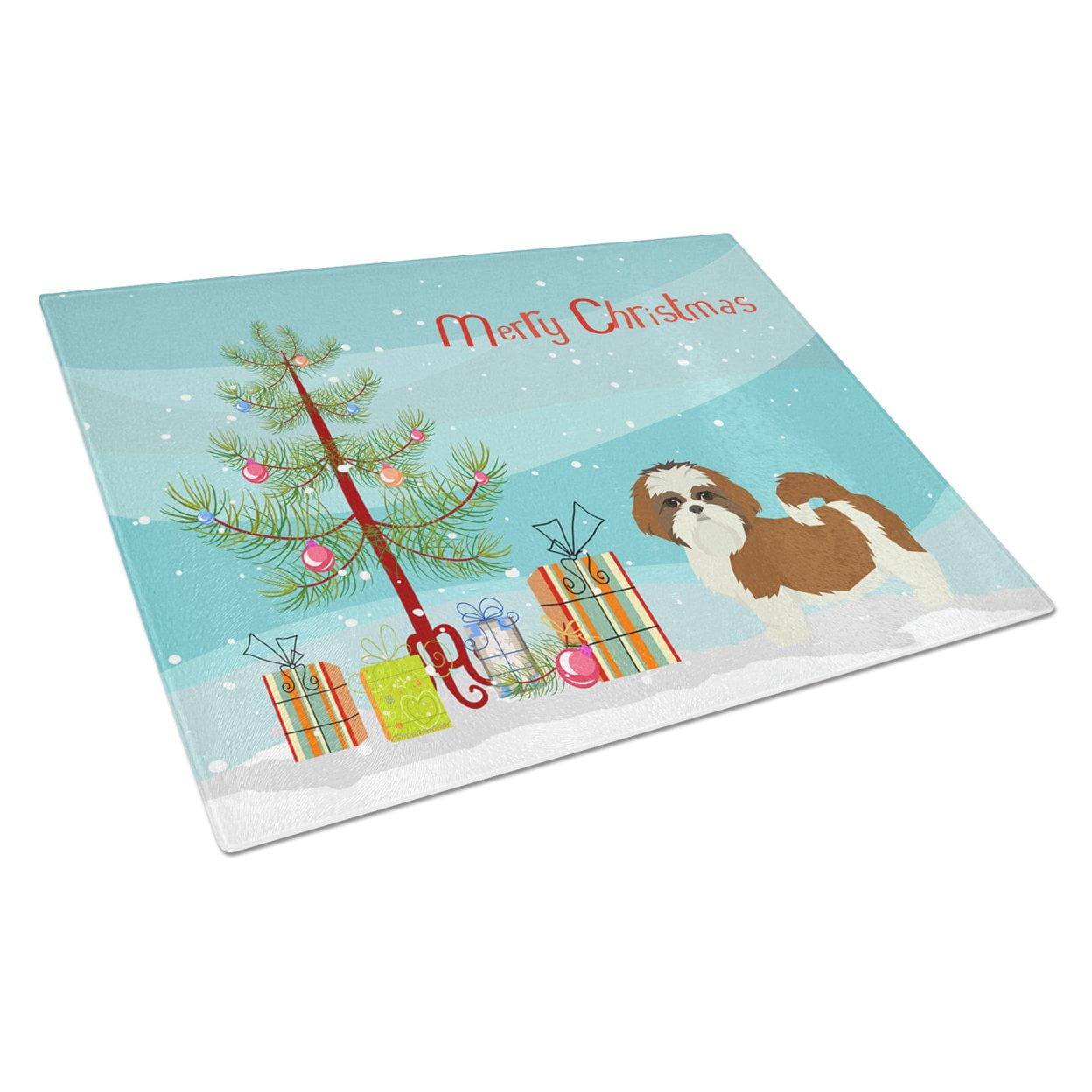 Shih Tzu Christmas Tree Glass Cutting Board - Large