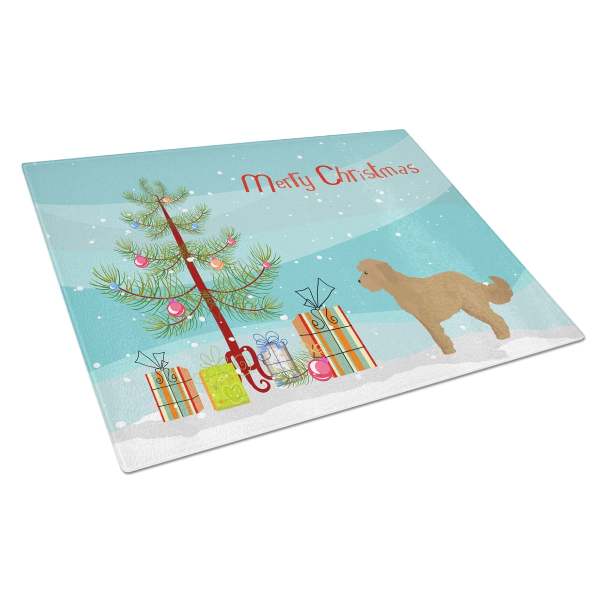 Tan Cockapoo Christmas Tree Glass Cutting Board - Large