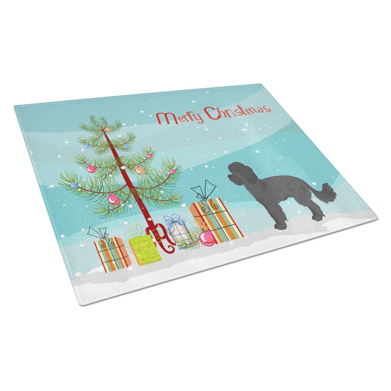 Black Maltipoo Christmas Tree Glass Cutting Board - Large