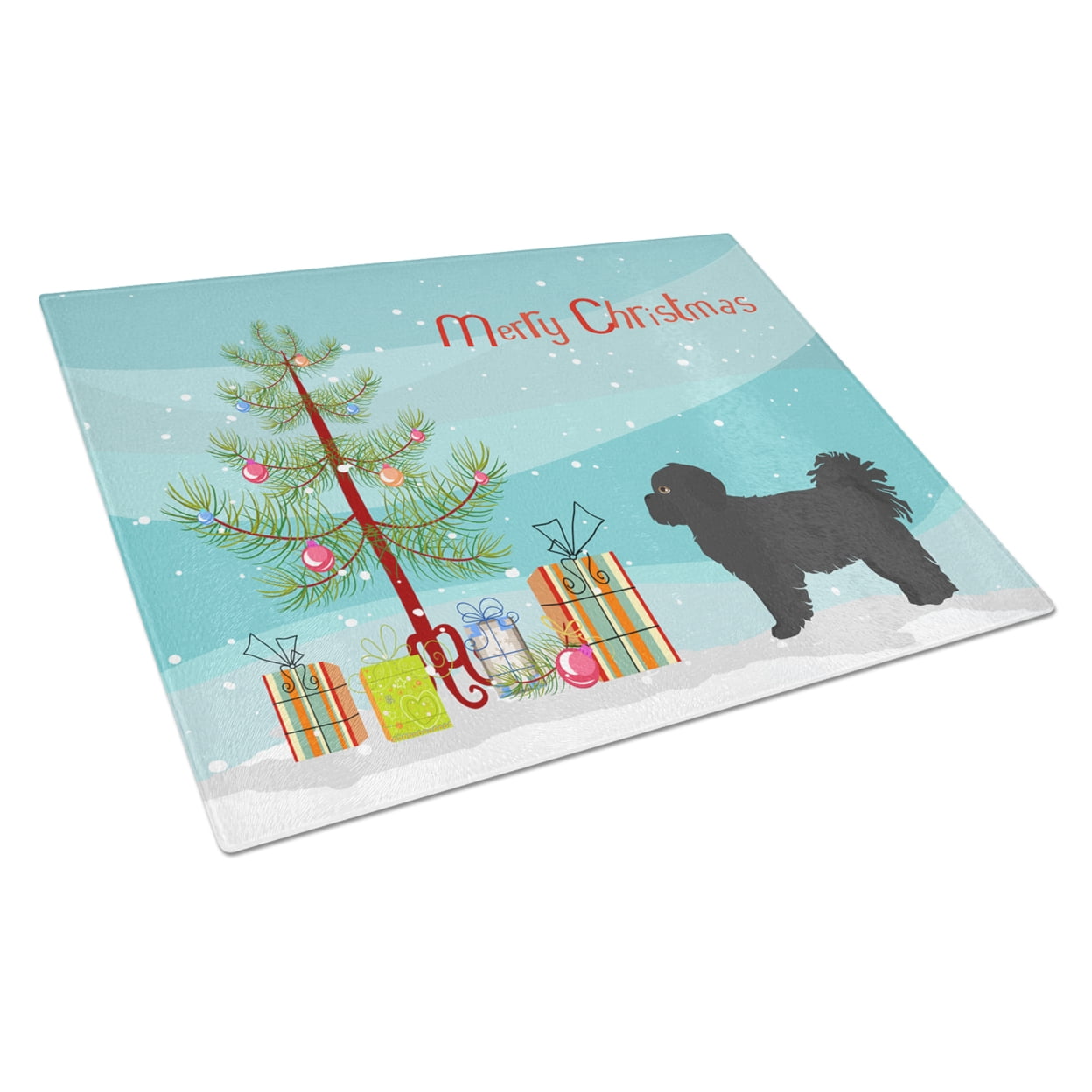 Black Pekeapoo Christmas Tree Glass Cutting Board - Large