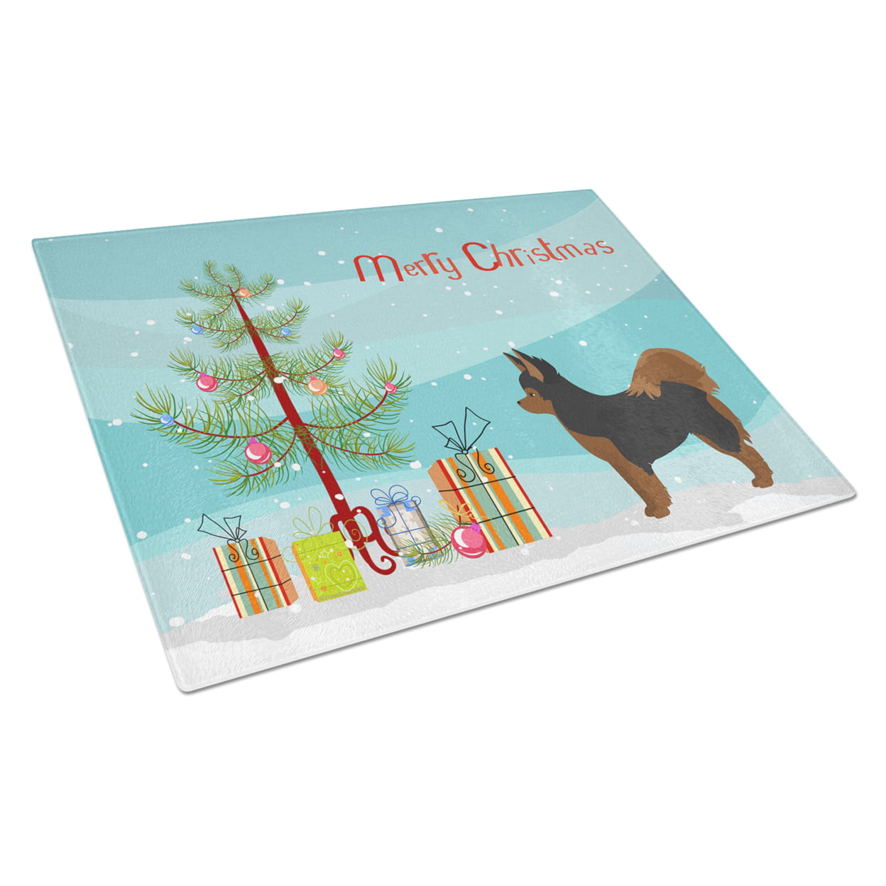 Black & Tan Pomchi Christmas Tree Glass Cutting Board - Large