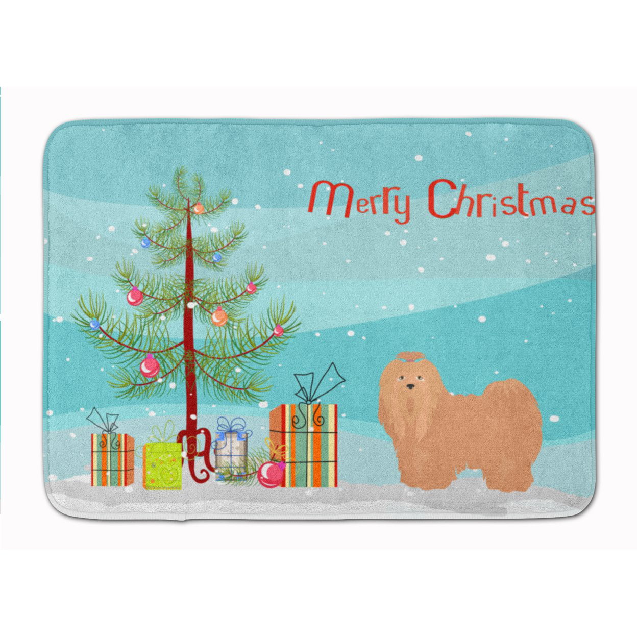 CK3468RUG Tan Lhasa Apso Christmas Tree Machine Washable Memory Foam Mat