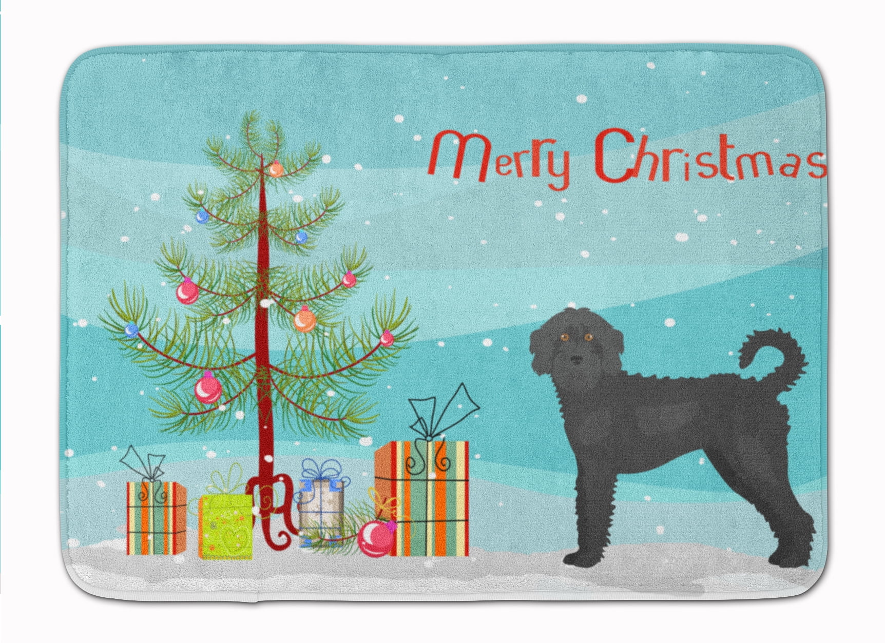 CK3847RUG Black Labradoodle Christmas Tree Machine Washable Memory Foam Mat