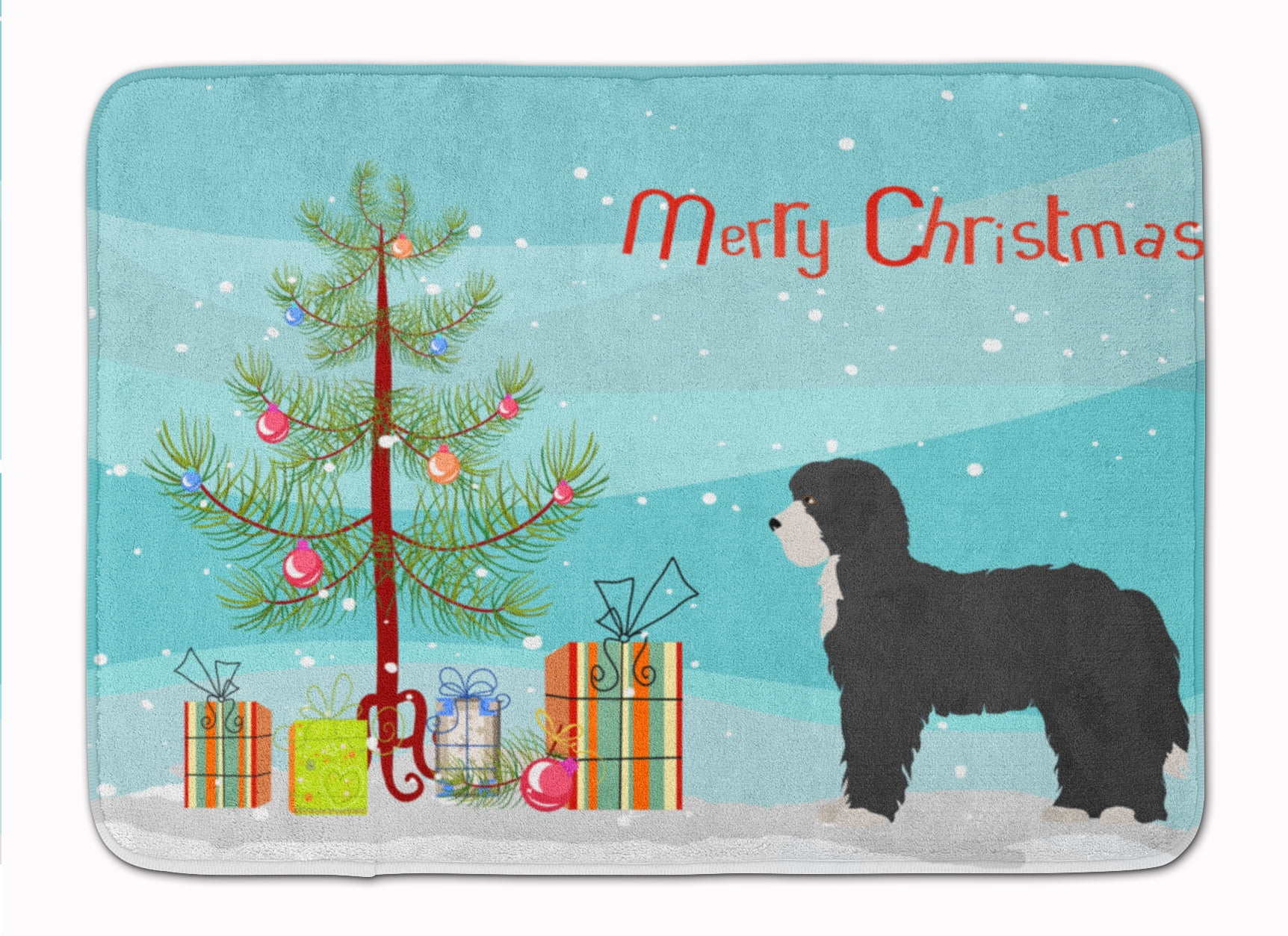 CK3868RUG Black Sheepadoodle Christmas Tree Machine Washable Memory Foam Mat