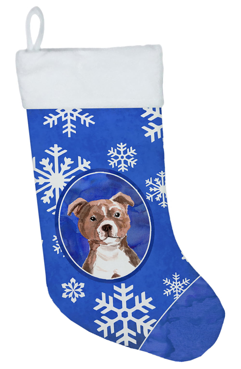 Winter Snowflakes Red Staffie Bull Christmas Stocking
