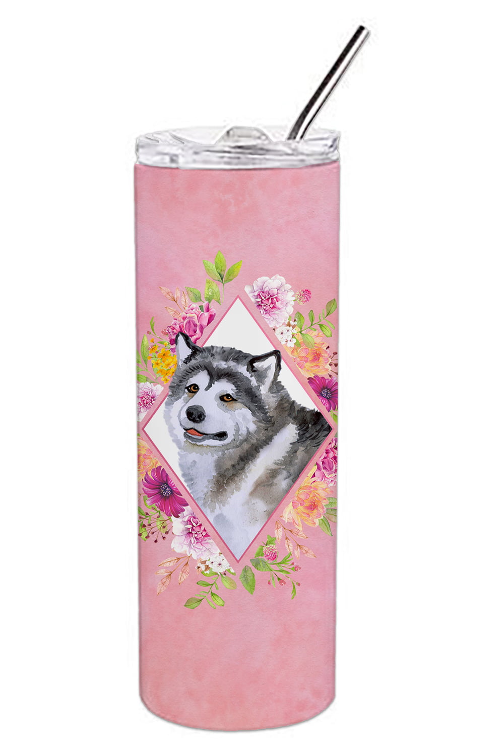 Picture of Carolines Treasures CK4112TBL20 20 oz Alaskan Malamute Pink Flowers Double Walled Stainless Steel Skinny Tumbler