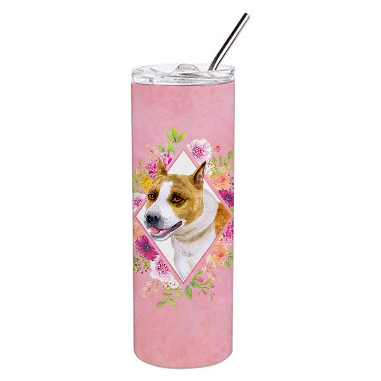Picture of Carolines Treasures CK4114TBL20 20 oz Bull Terrier Pink Flowers Double Walled Stainless Steel Skinny Tumbler