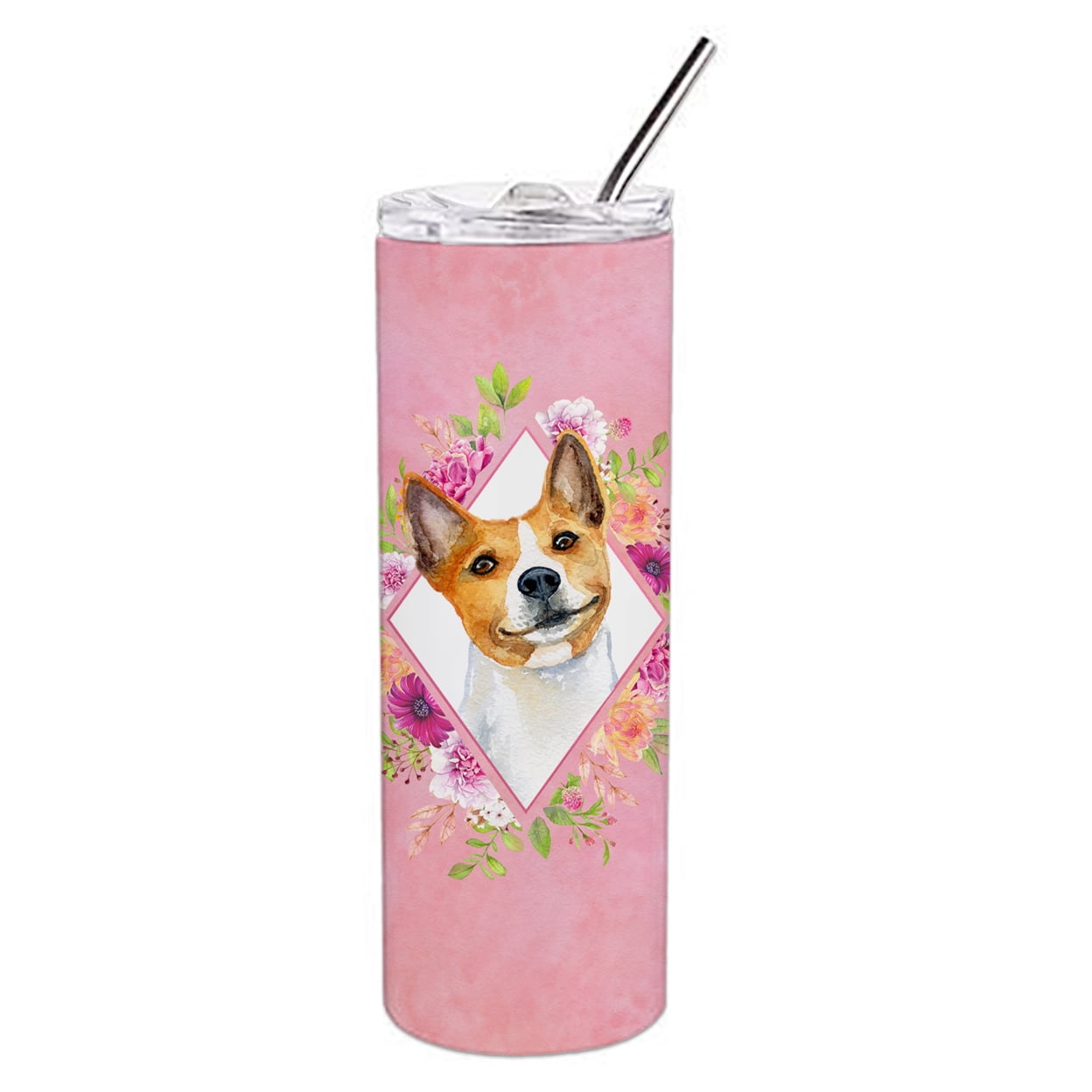 Picture of Carolines Treasures CK4115TBL20 20 oz Basenji Pink Flowers Double Walled Stainless Steel Skinny Tumbler