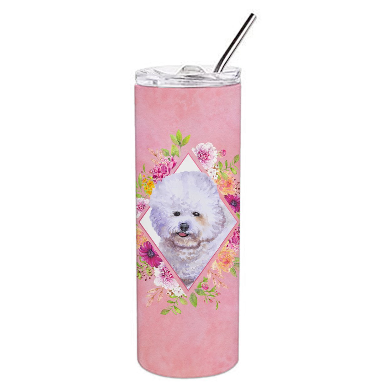 Picture of Carolines Treasures CK4120TBL20 20 oz Bichon Fris No.2 Pink Flowers Double Walled Stainless Steel Skinny Tumbler