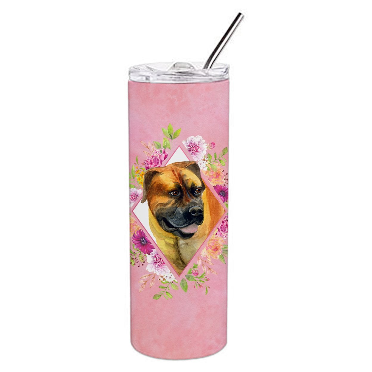 Picture of Carolines Treasures CK4121TBL20 20 oz Borboel Mastiff Pink Flowers Double Walled Stainless Steel Skinny Tumbler