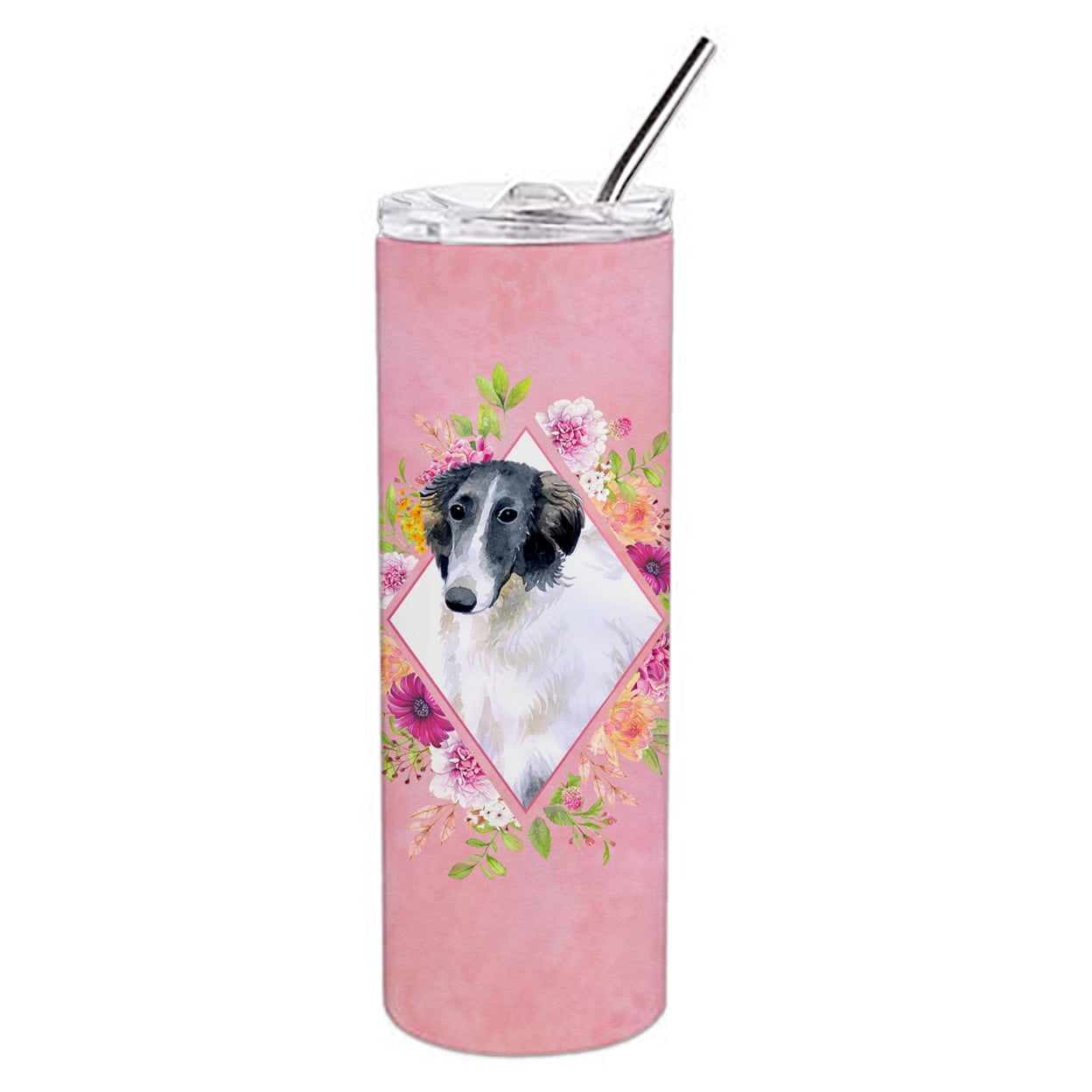 Picture of Carolines Treasures CK4122TBL20 20 oz Borzoi Pink Flowers Double Walled Stainless Steel Skinny Tumbler