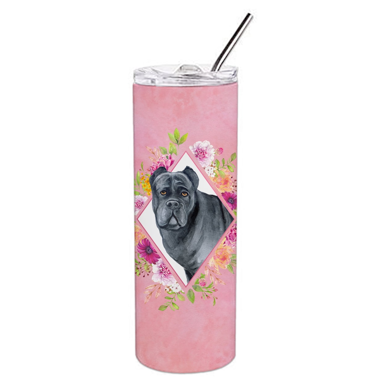 Picture of Carolines Treasures CK4125TBL20 20 oz Cane Corso Pink Flowers Double Walled Stainless Steel Skinny Tumbler