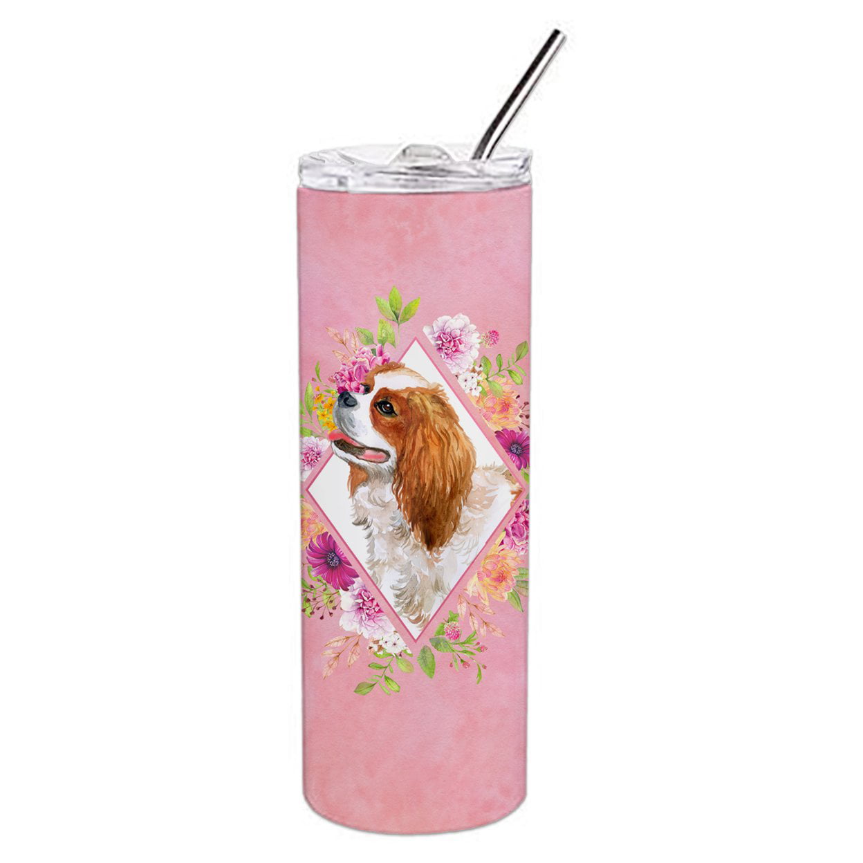 Picture of Carolines Treasures CK4126TBL20 20 oz Cavalier King Charles Spaniel Pink Flowers Double Walled Stainless Steel Skinny Tumbler