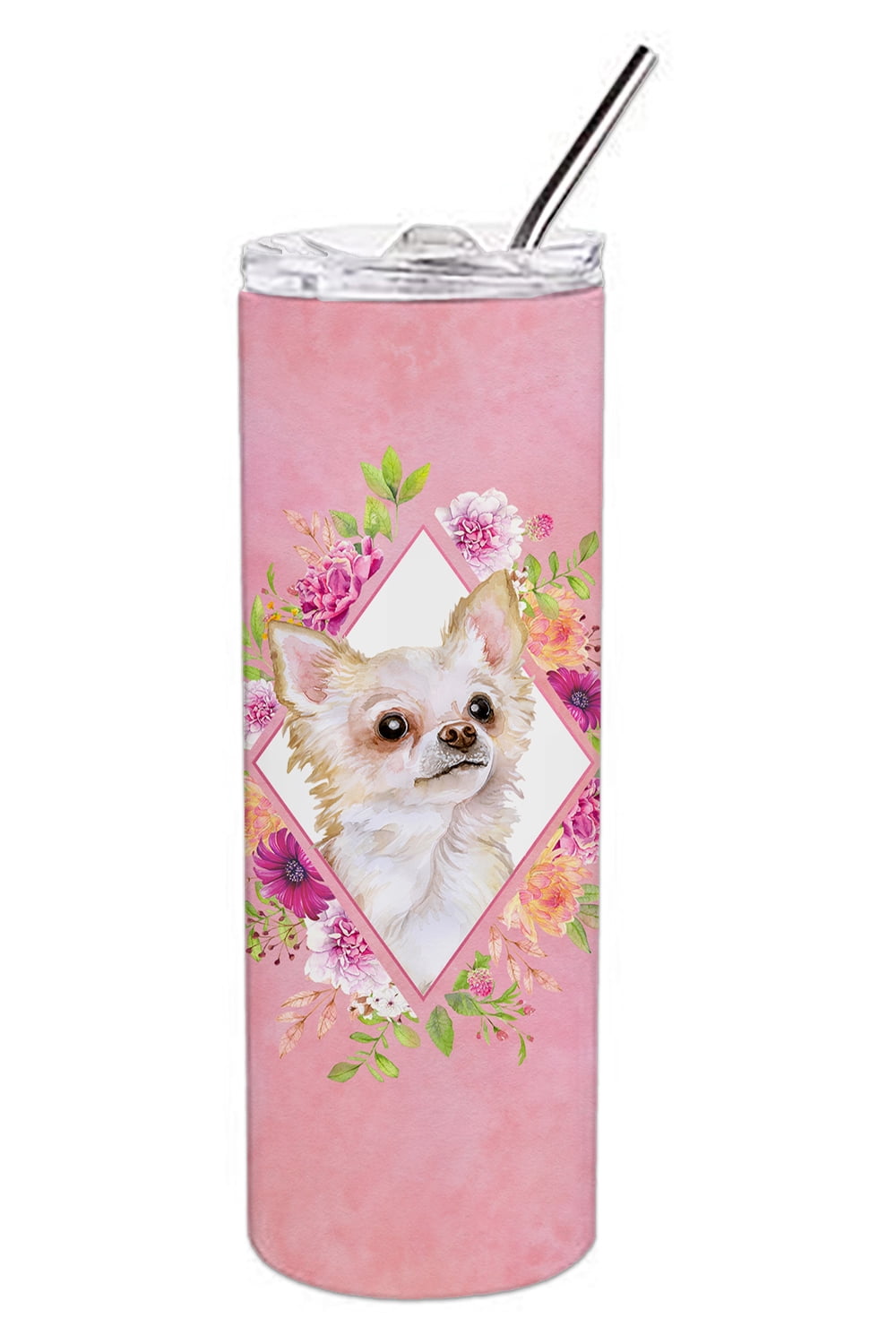 Picture of Carolines Treasures CK4127TBL20 20 oz Long Hair Chihuahua Pink Flowers Double Walled Stainless Steel Skinny Tumbler