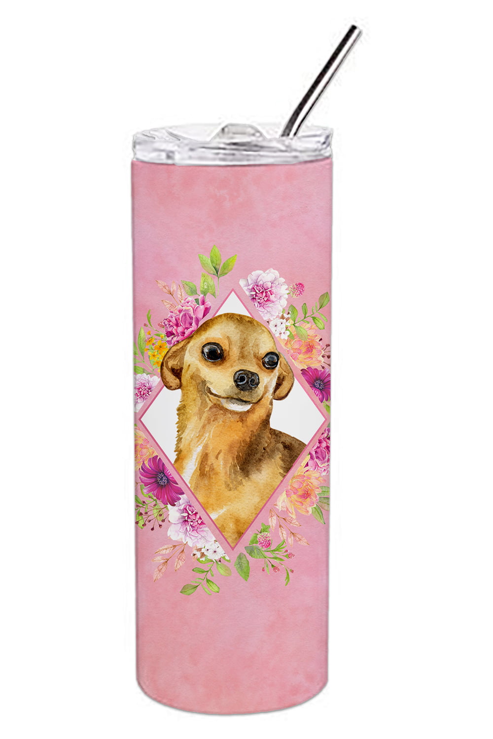 Picture of Carolines Treasures CK4128TBL20 20 oz Chihuahua No.1 Pink Flowers Double Walled Stainless Steel Skinny Tumbler