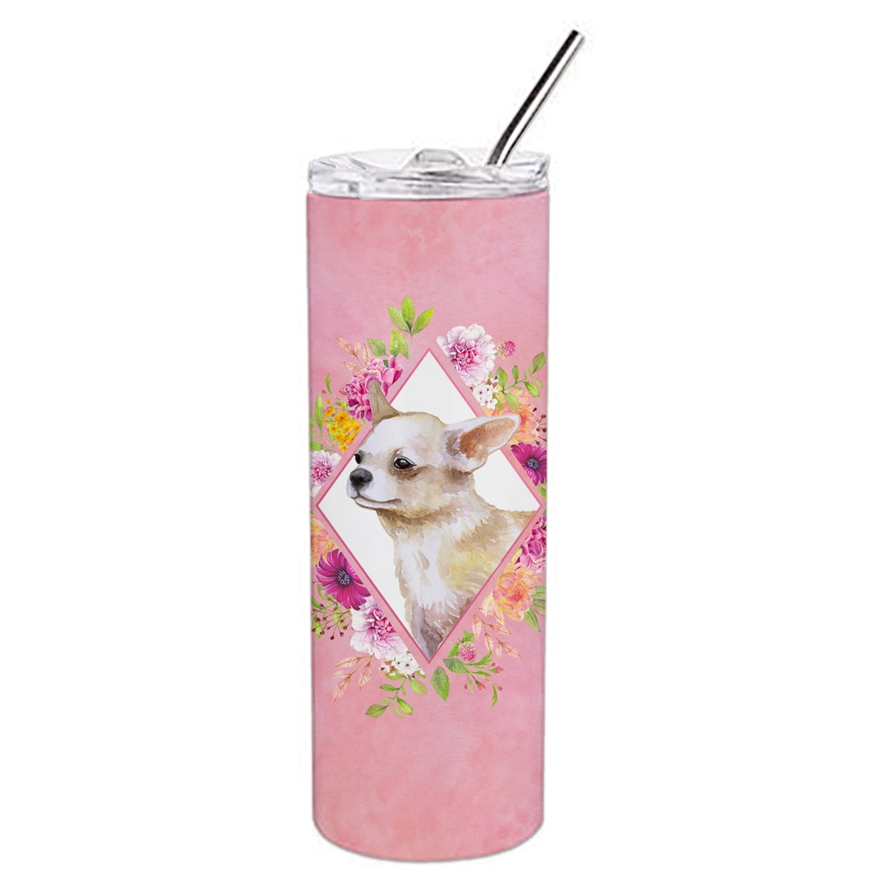 Picture of Carolines Treasures CK4129TBL20 20 oz Chihuahua No.2 Pink Flowers Double Walled Stainless Steel Skinny Tumbler