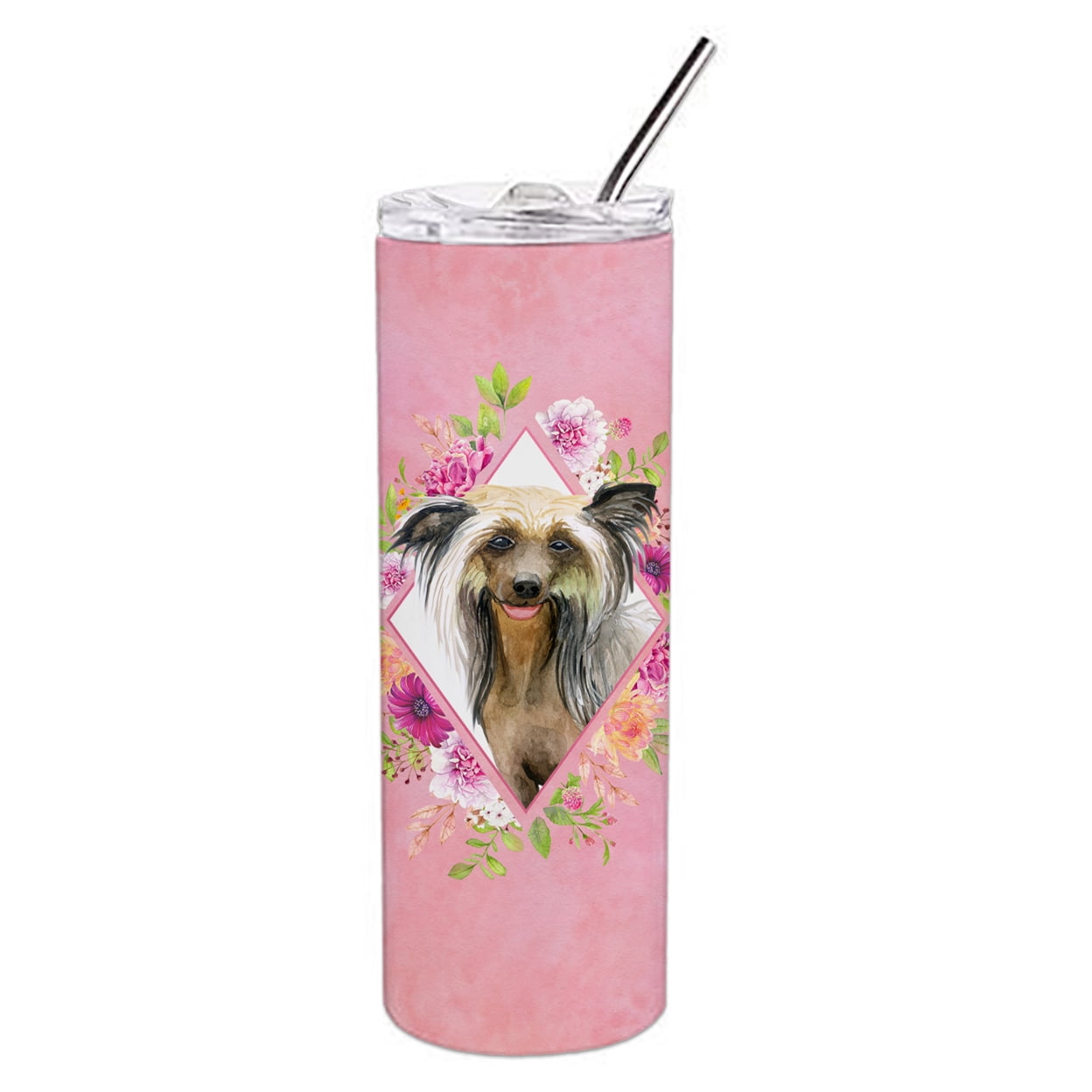 Picture of Carolines Treasures CK4130TBL20 20 oz Chinese Crested Pink Flowers Double Walled Stainless Steel Skinny Tumbler