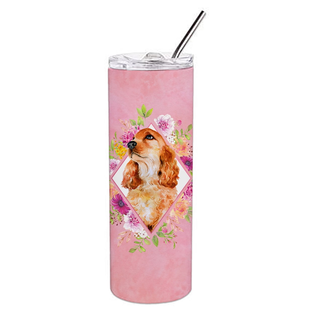 Picture of Carolines Treasures CK4133TBL20 20 oz Cocker Spaniel No.2 Pink Flowers Double Walled Stainless Steel Skinny Tumbler