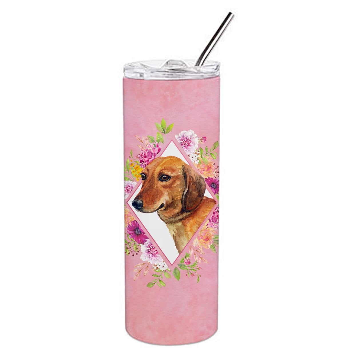 Picture of Carolines Treasures CK4134TBL20 20 oz Dachshund Red No.1 Pink Flowers Double Walled Stainless Steel Skinny Tumbler