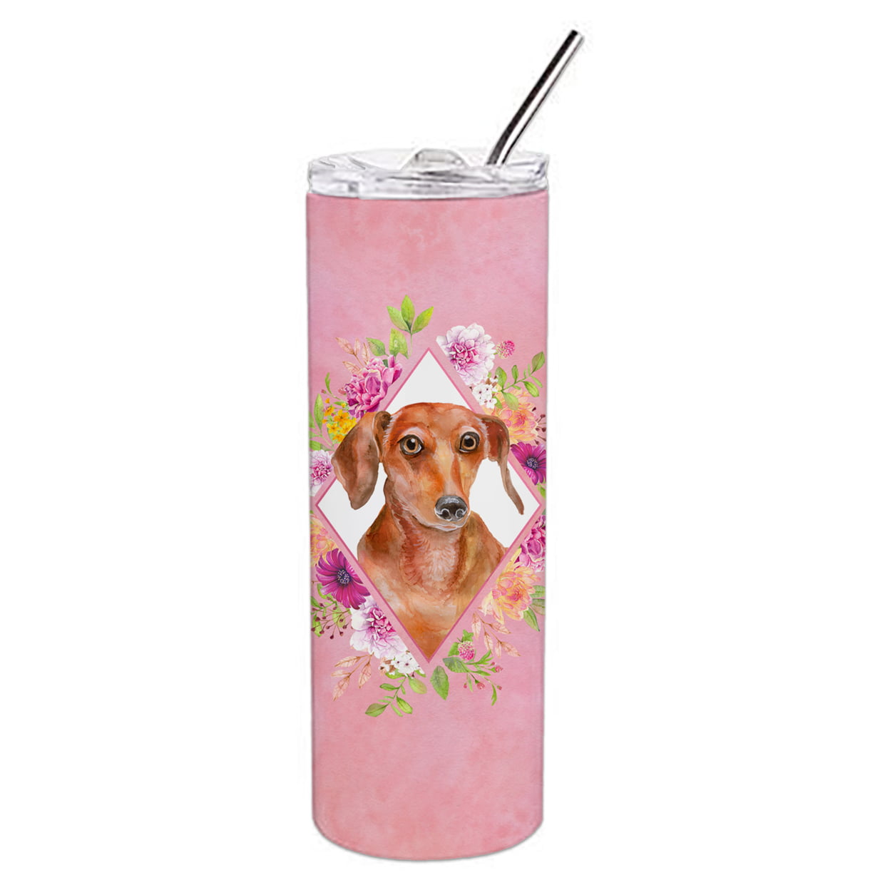 Picture of Carolines Treasures CK4135TBL20 20 oz Dachshund Red No.2 Pink Flowers Double Walled Stainless Steel Skinny Tumbler