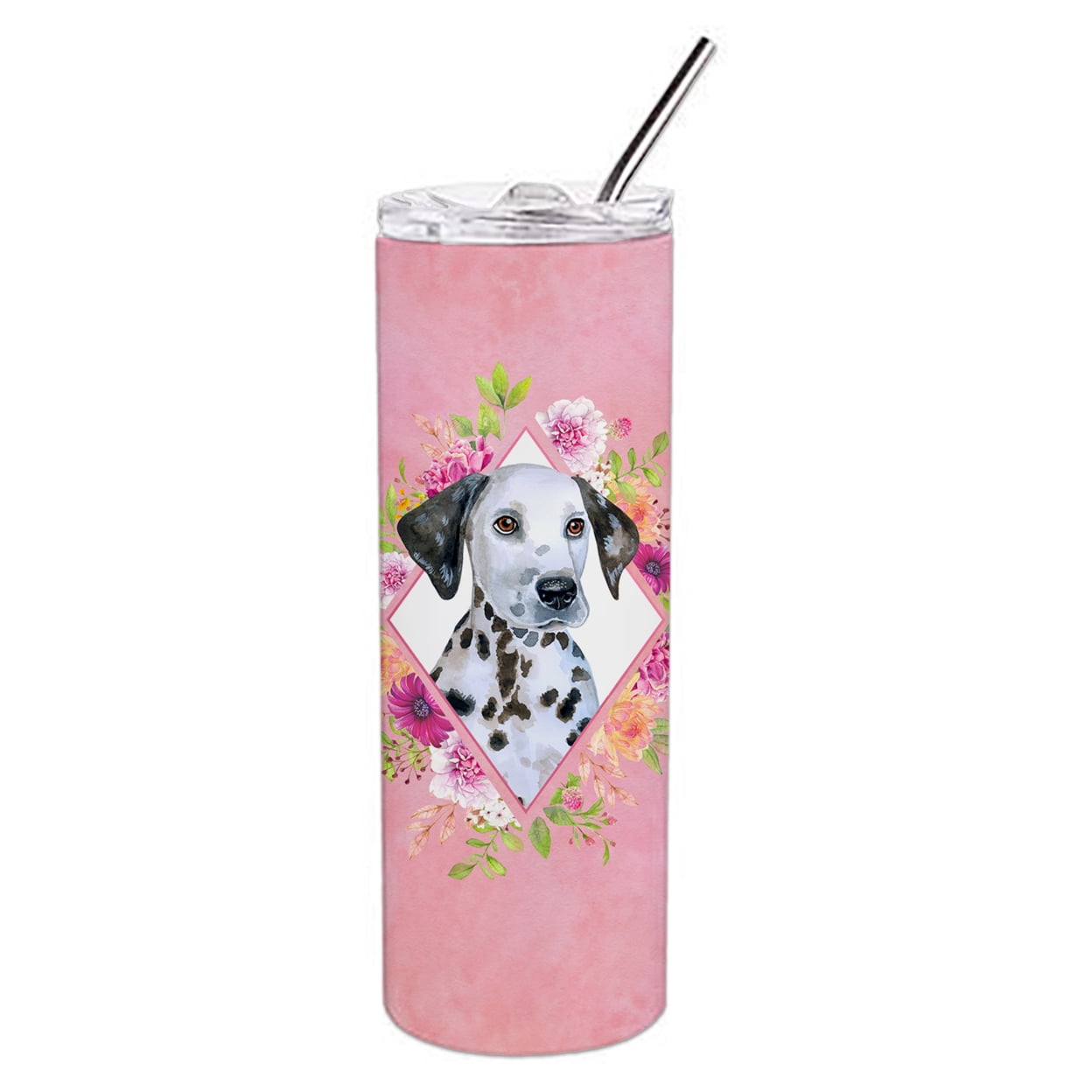 Picture of Carolines Treasures CK4136TBL20 20 oz Dalmatian Puppy Pink Flowers Double Walled Stainless Steel Skinny Tumbler