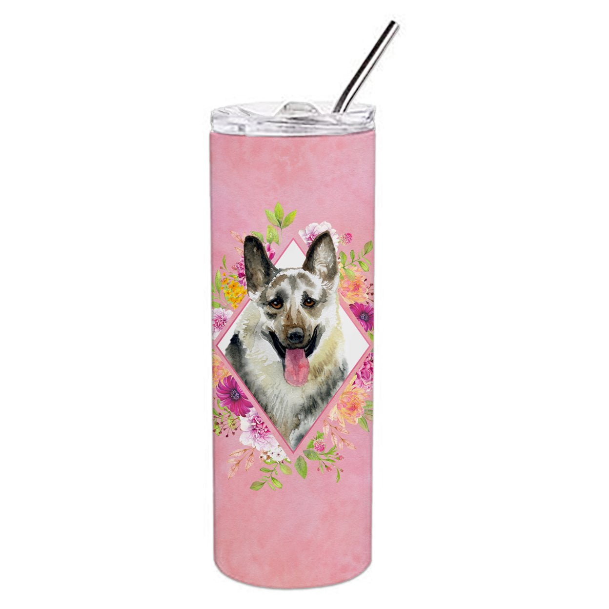 Picture of Carolines Treasures CK4139TBL20 20 oz Eastern German Shepherd Pink Flowers Double Walled Stainless Steel Skinny Tumbler