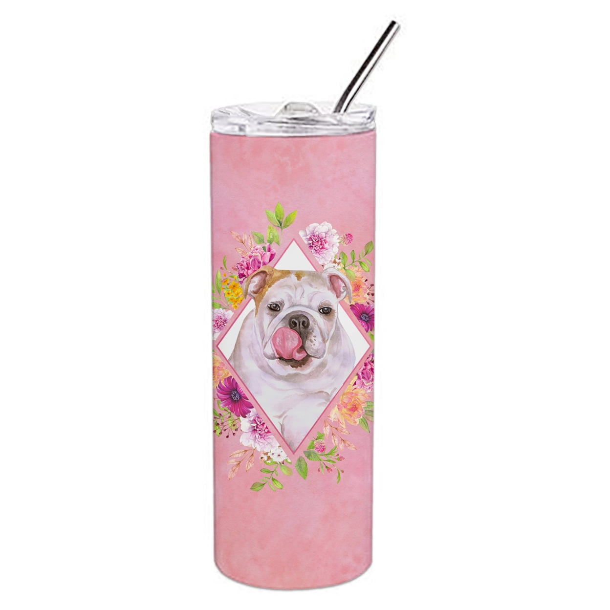 Picture of Carolines Treasures CK4140TBL20 20 oz English Bulldog Pink Flowers Double Walled Stainless Steel Skinny Tumbler