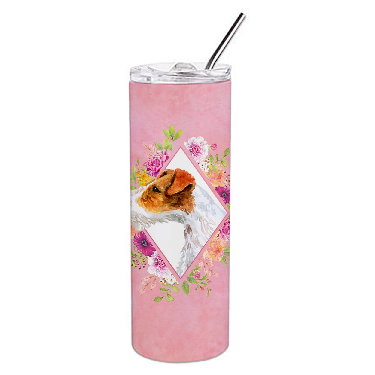 Picture of Carolines Treasures CK4142TBL20 20 oz Jack Russell Terrier No.2 Pink Flowers Double Walled Stainless Steel Skinny Tumbler