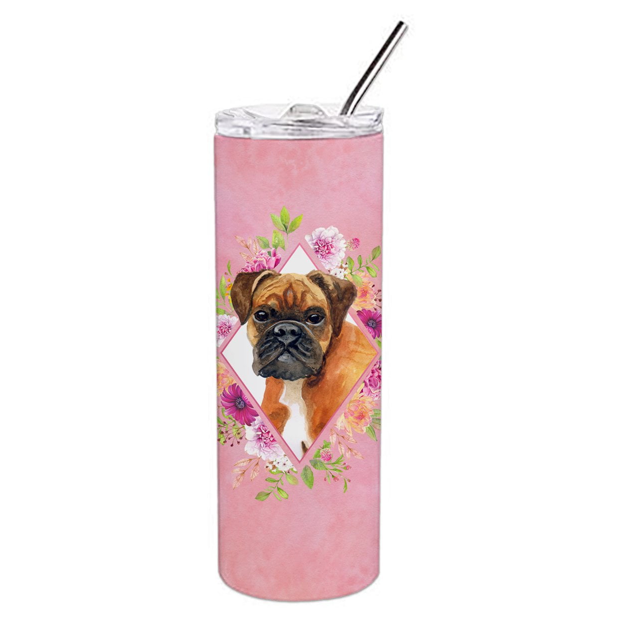 Picture of Carolines Treasures CK4145TBL20 20 oz German Boxer Pink Flowers Double Walled Stainless Steel Skinny Tumbler