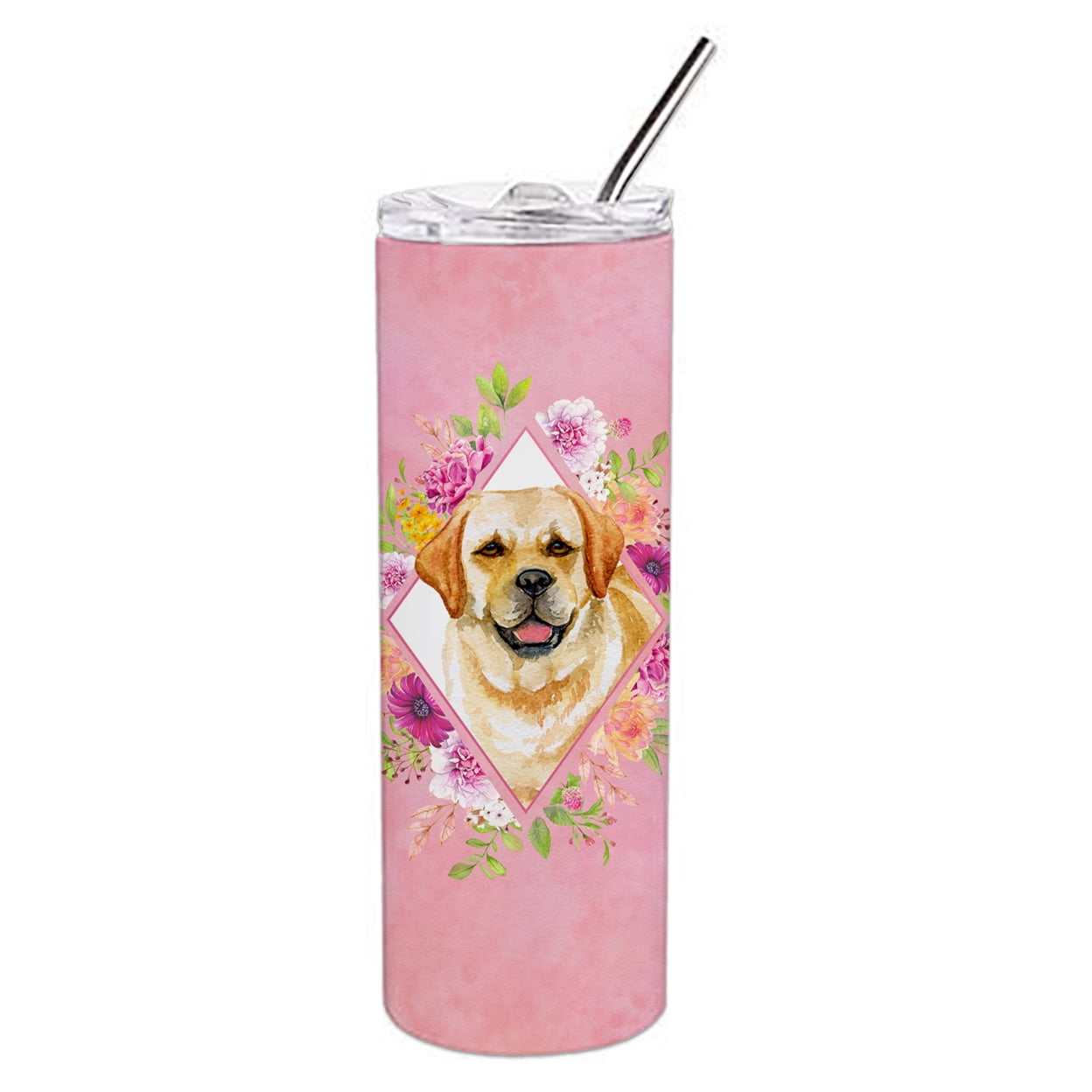Picture of Carolines Treasures CK4149TBL20 20 oz Golden Retriever Pink Flowers Double Walled Stainless Steel Skinny Tumbler