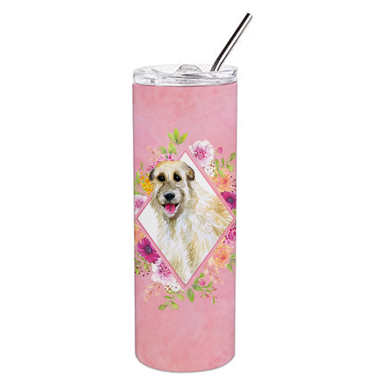 Picture of Carolines Treasures CK4153TBL20 20 oz Irish Wolfhound Pink Flowers Double Walled Stainless Steel Skinny Tumbler