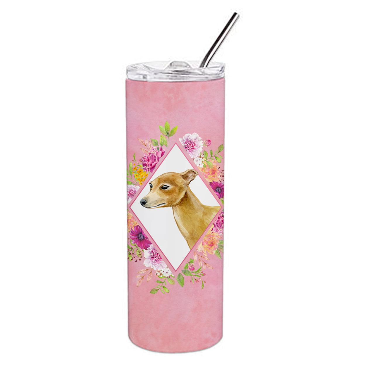Picture of Carolines Treasures CK4154TBL20 20 oz Italian Greyhound Pink Flowers Double Walled Stainless Steel Skinny Tumbler