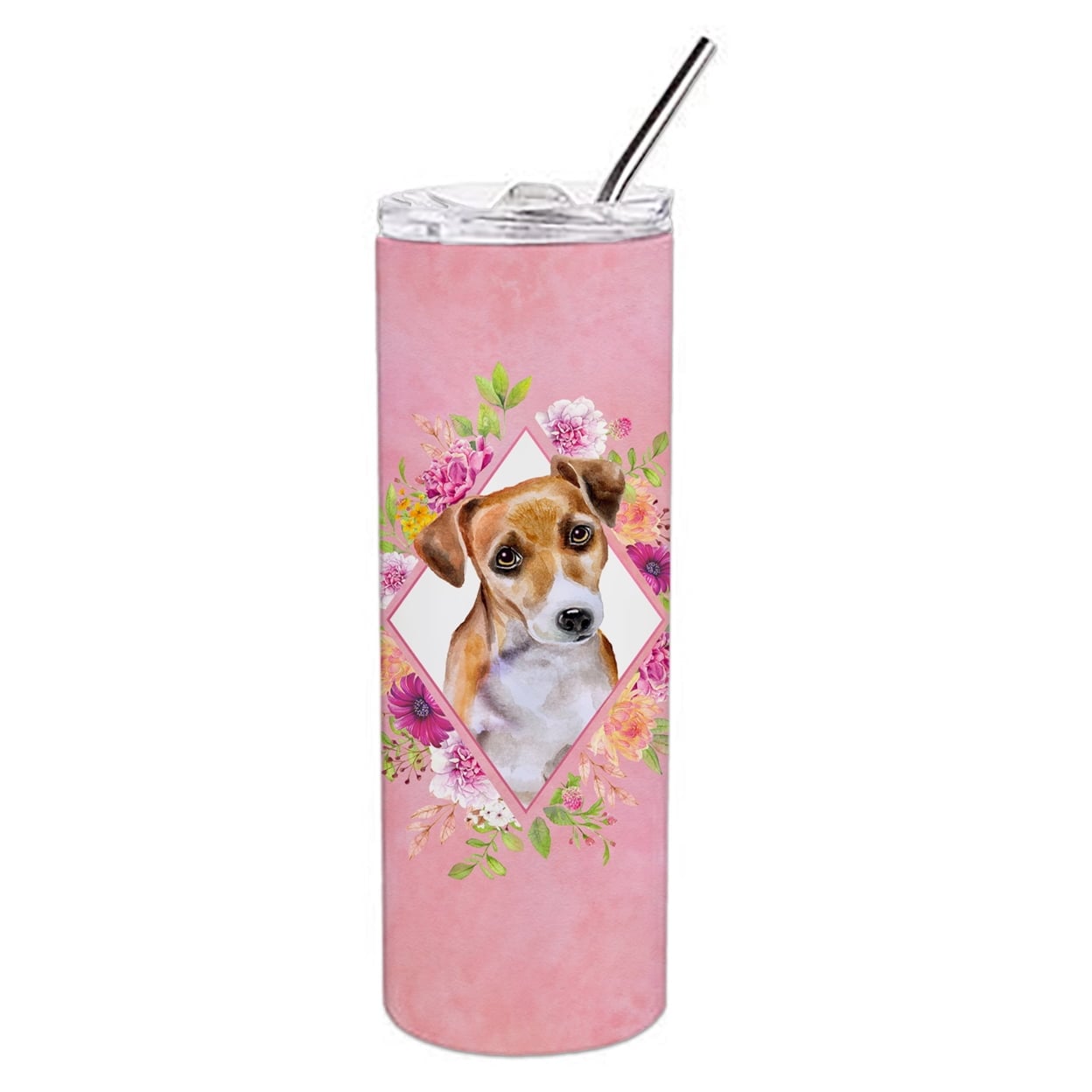 Picture of Carolines Treasures CK4155TBL20 20 oz Jack Russell Terrier No.1 Pink Flowers Double Walled Stainless Steel Skinny Tumbler