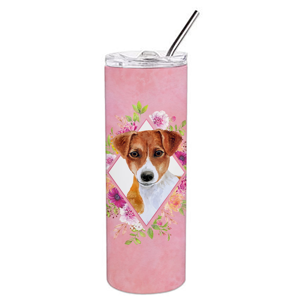 Picture of Carolines Treasures CK4156TBL20 20 oz Jack Russell Terrier No.2 Pink Flowers Double Walled Stainless Steel Skinny Tumbler