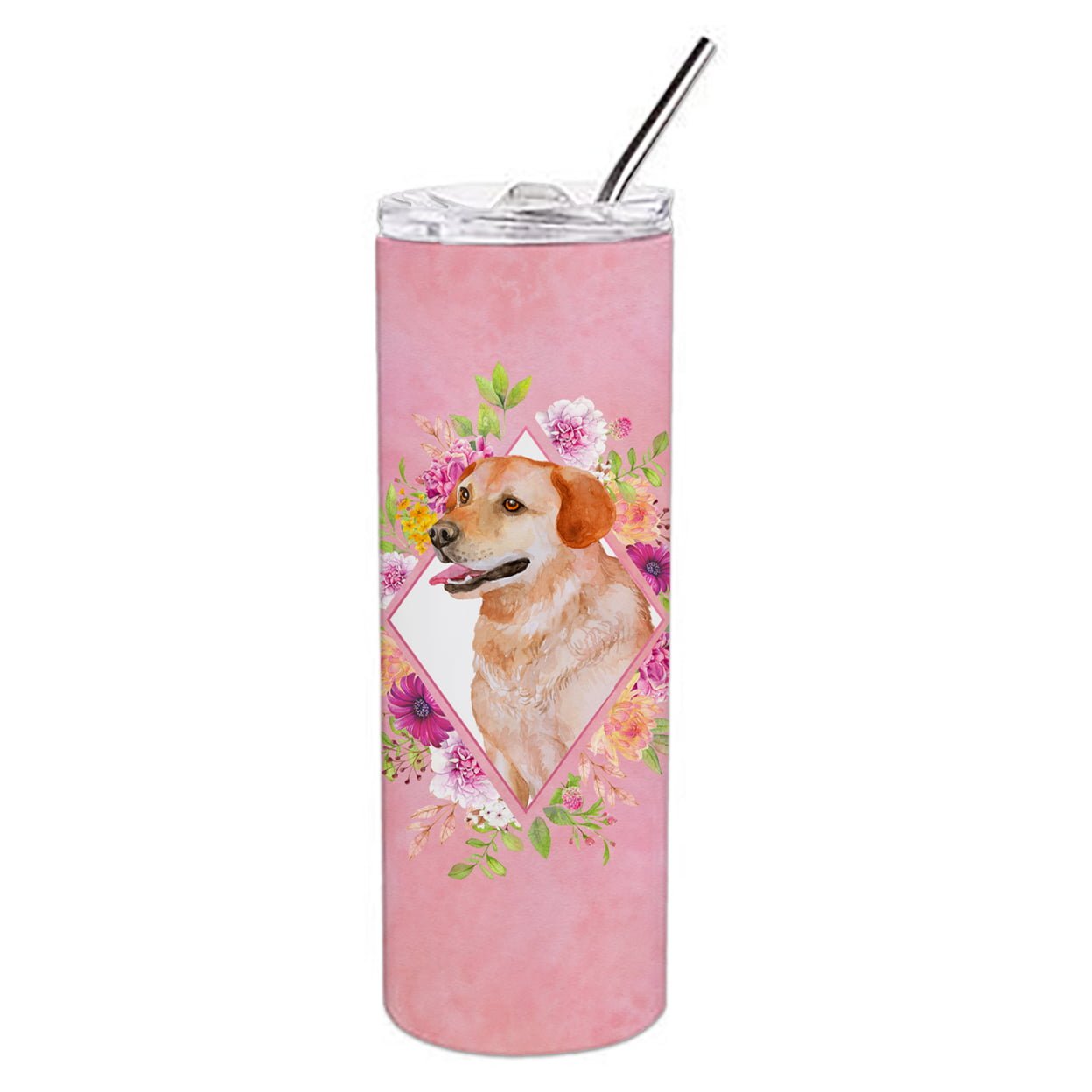 20 oz Yellow Labrador Retriever Pink Flowers Double Walled Stainless Steel Skinny Tumbler -  CoolCookware, CO2552395