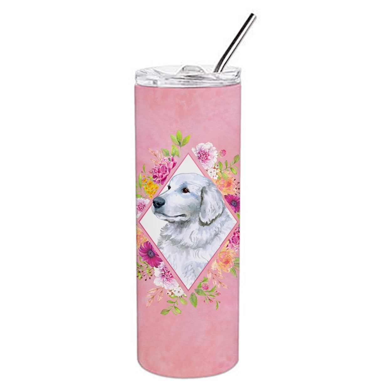 Picture of Carolines Treasures CK4160TBL20 20 oz Great Pyrenees Pink Flowers Double Walled Stainless Steel Skinny Tumbler