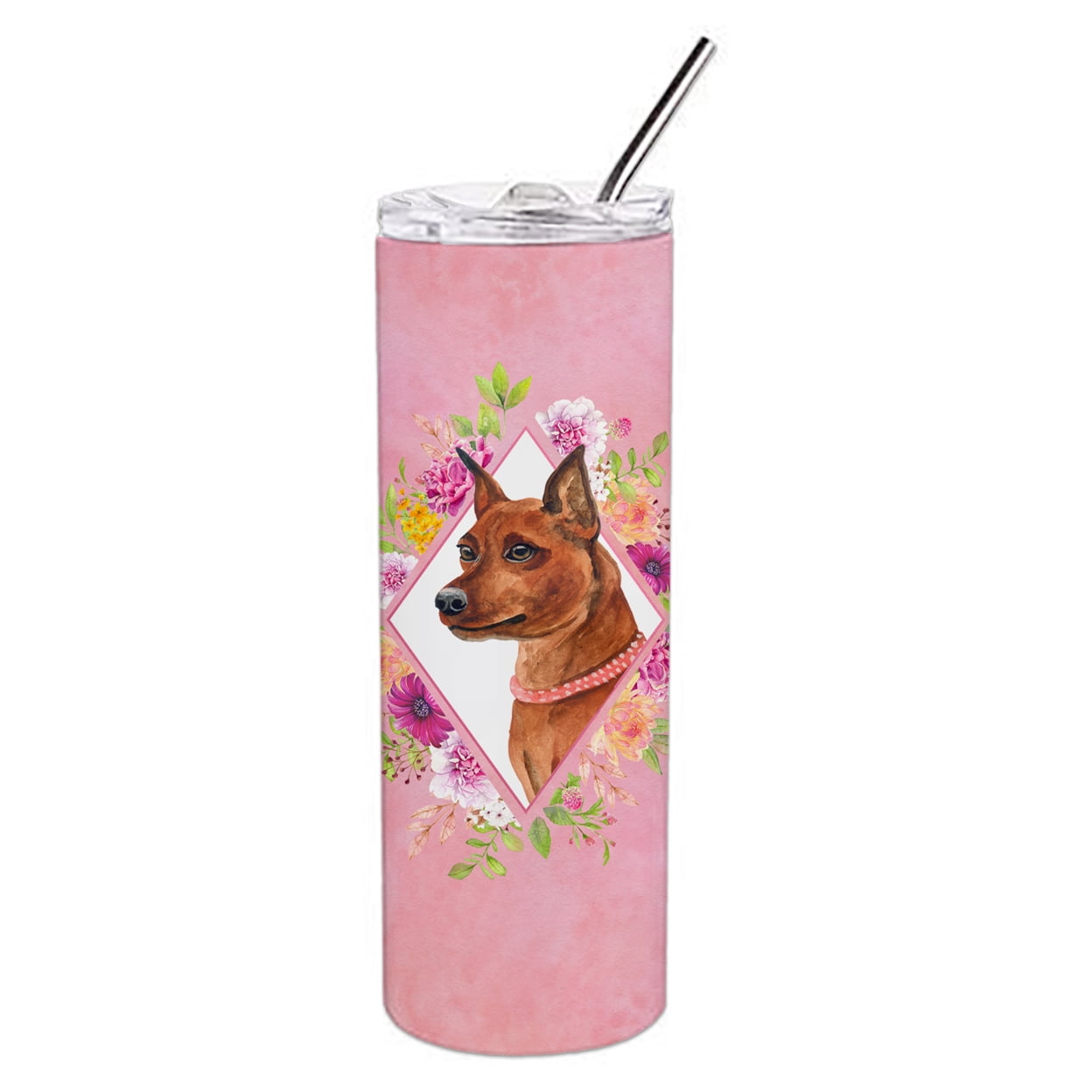 Picture of Carolines Treasures CK4161TBL20 20 oz Miniature Pinscher Pink Flowers Double Walled Stainless Steel Skinny Tumbler