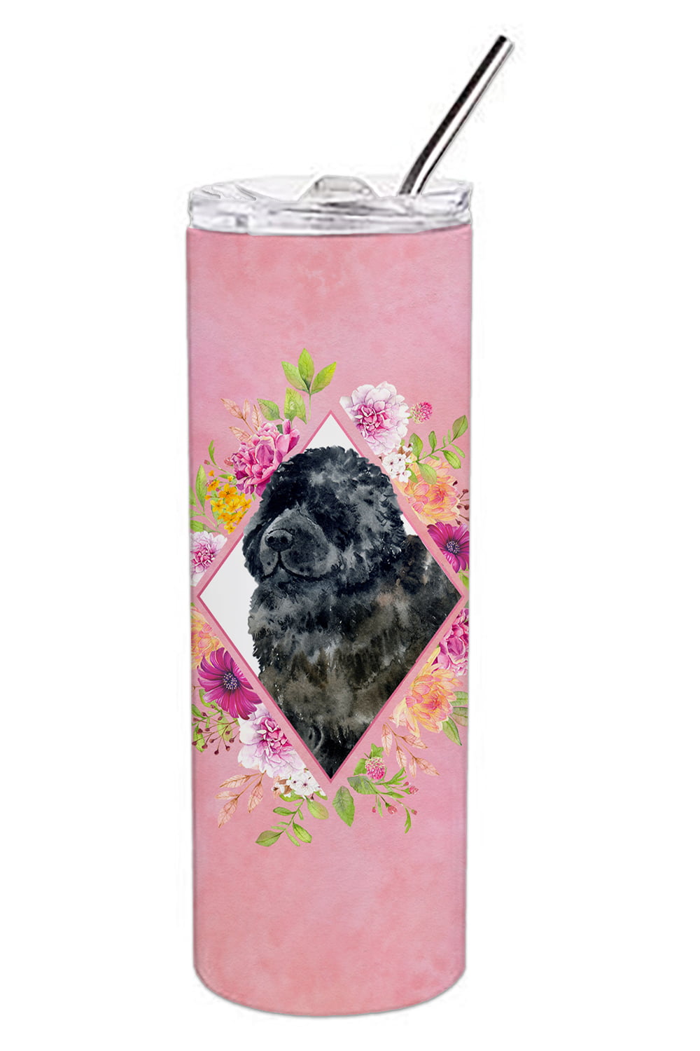 Picture of Carolines Treasures CK4163TBL20 20 oz Newfoundland Pink Flowers Double Walled Stainless Steel Skinny Tumbler