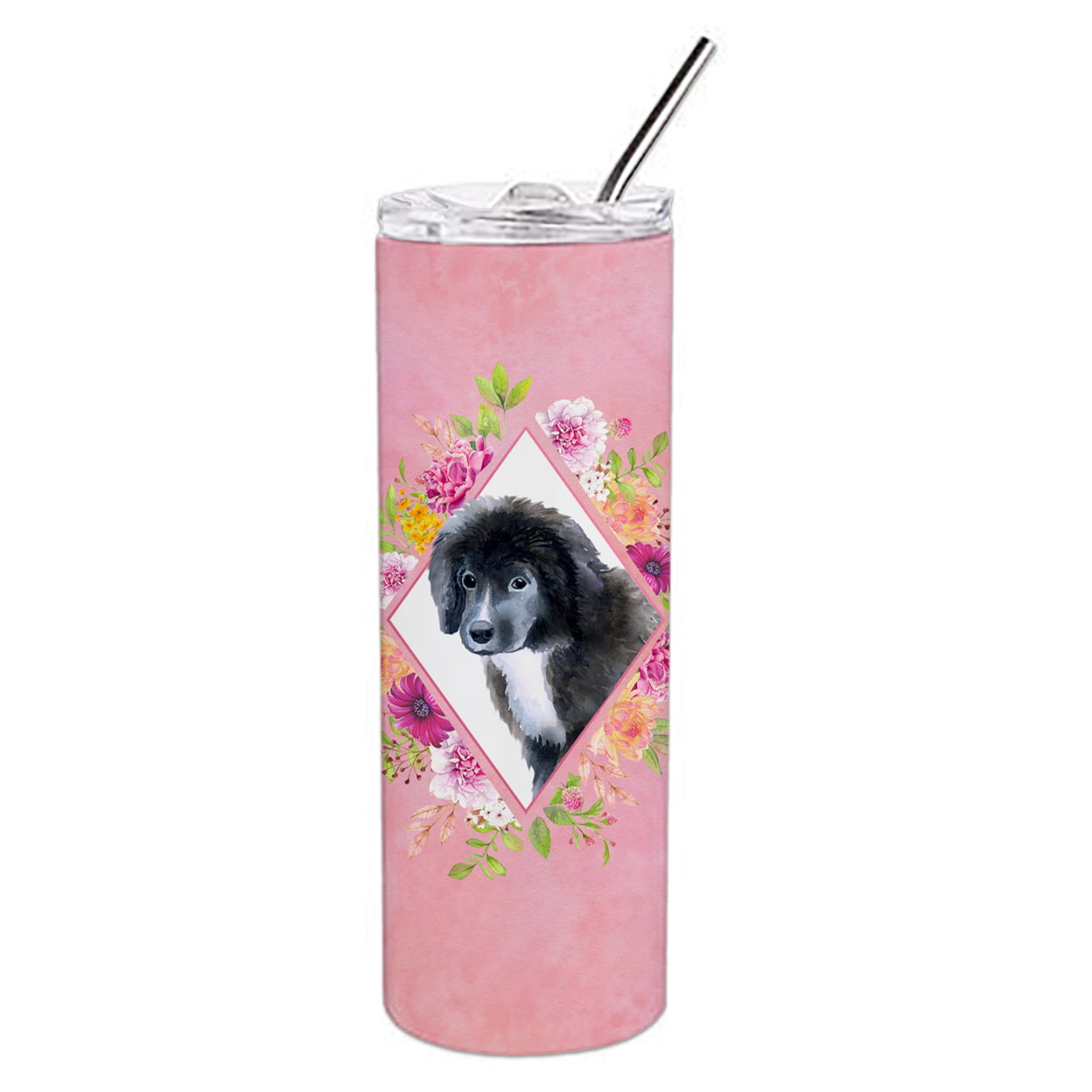 Picture of Carolines Treasures CK4164TBL20 20 oz Newfoundland Puppy Pink Flowers Double Walled Stainless Steel Skinny Tumbler