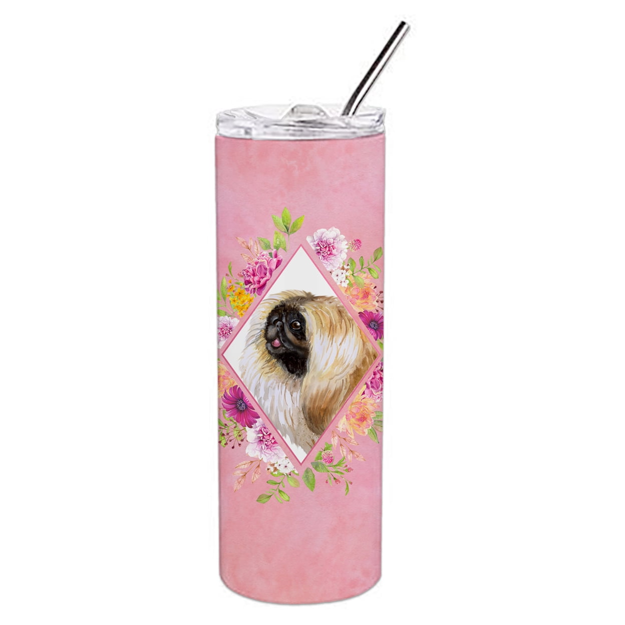 Picture of Carolines Treasures CK4166TBL20 20 oz Pekingese Pink Flowers Double Walled Stainless Steel Skinny Tumbler