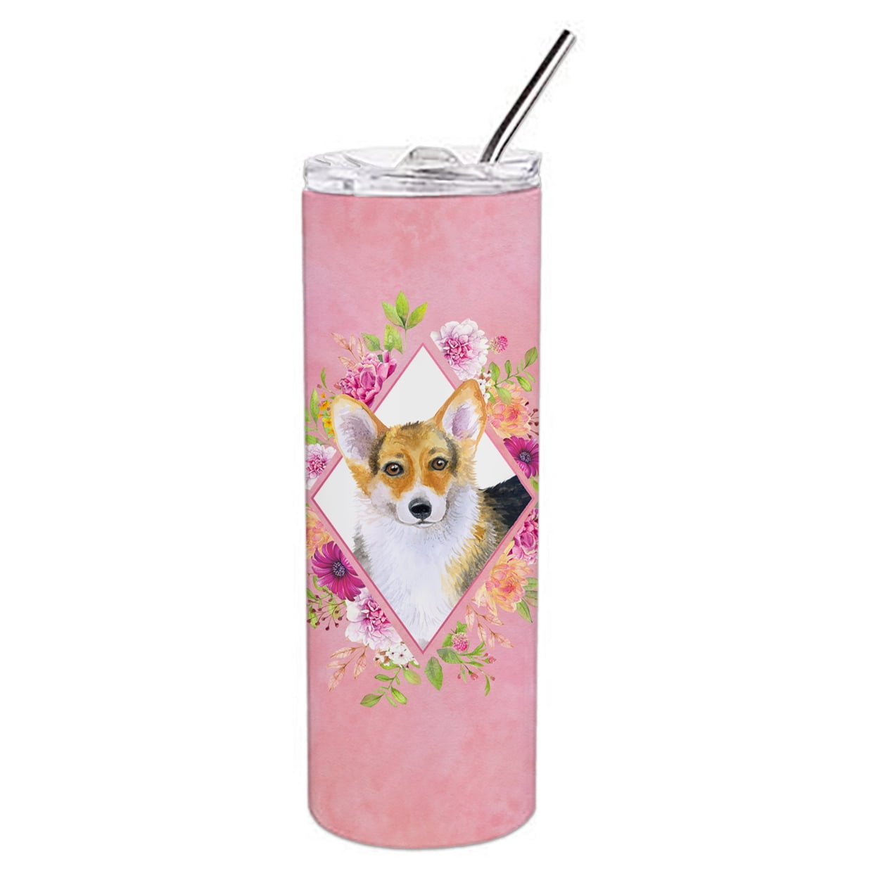 Picture of Carolines Treasures CK4167TBL20 20 oz Corgi Pink Flowers Double Walled Stainless Steel Skinny Tumbler