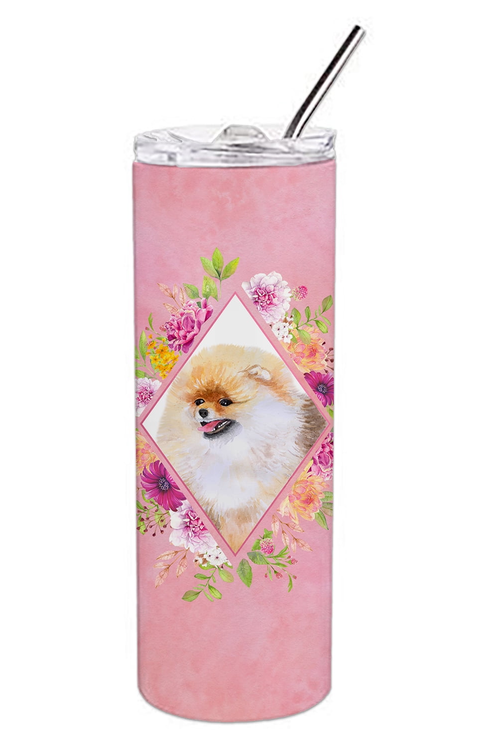 Picture of Carolines Treasures CK4170TBL20 20 oz Pomeranian No.2 Pink Flowers Double Walled Stainless Steel Skinny Tumbler