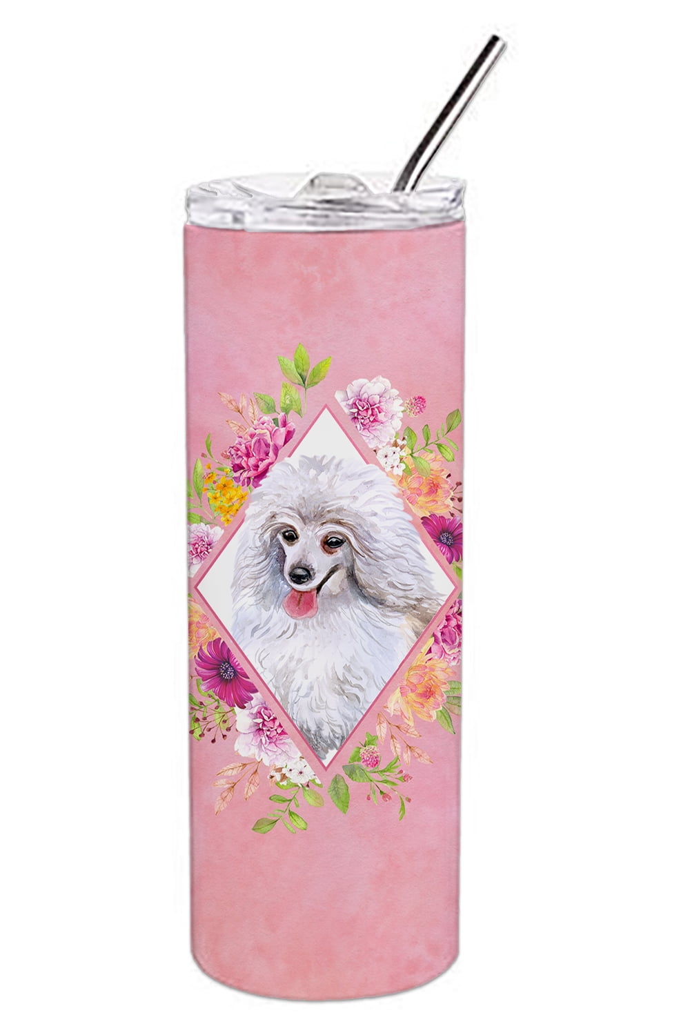 Picture of Carolines Treasures CK4172TBL20 20 oz White Mini Poodle Pink Flowers Double Walled Stainless Steel Skinny Tumbler