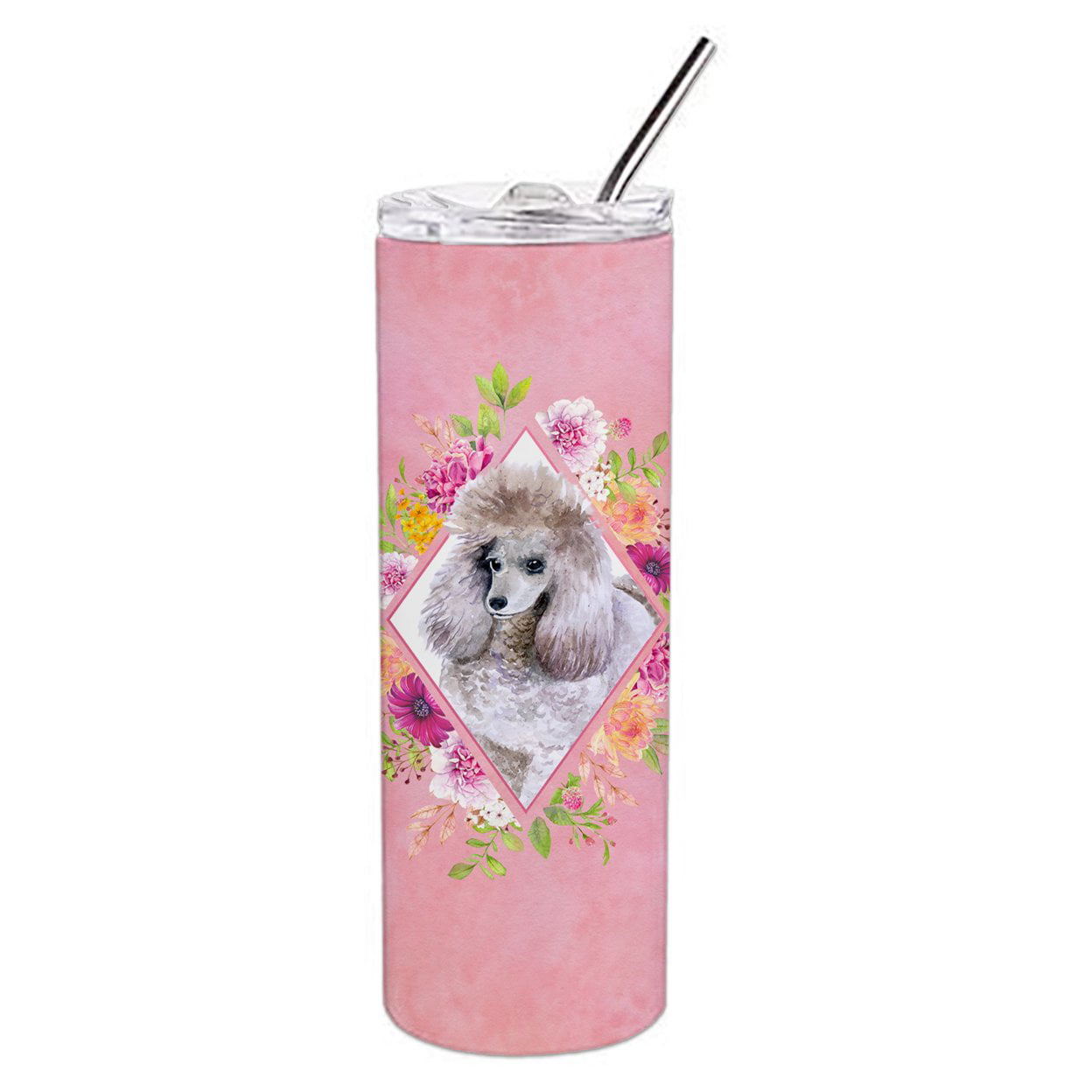 Picture of Carolines Treasures CK4173TBL20 20 oz Standard Grey Poodle Pink Flowers Double Walled Stainless Steel Skinny Tumbler