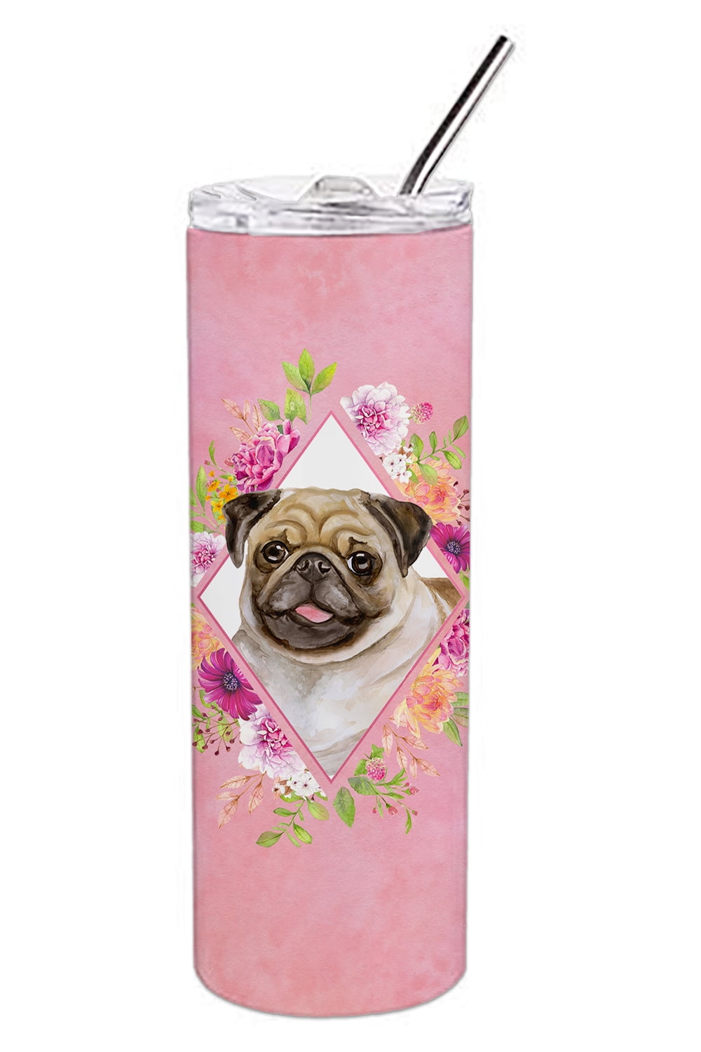 Picture of Carolines Treasures CK4174TBL20 20 oz Fawn Pug Pink Flowers Double Walled Stainless Steel Skinny Tumbler