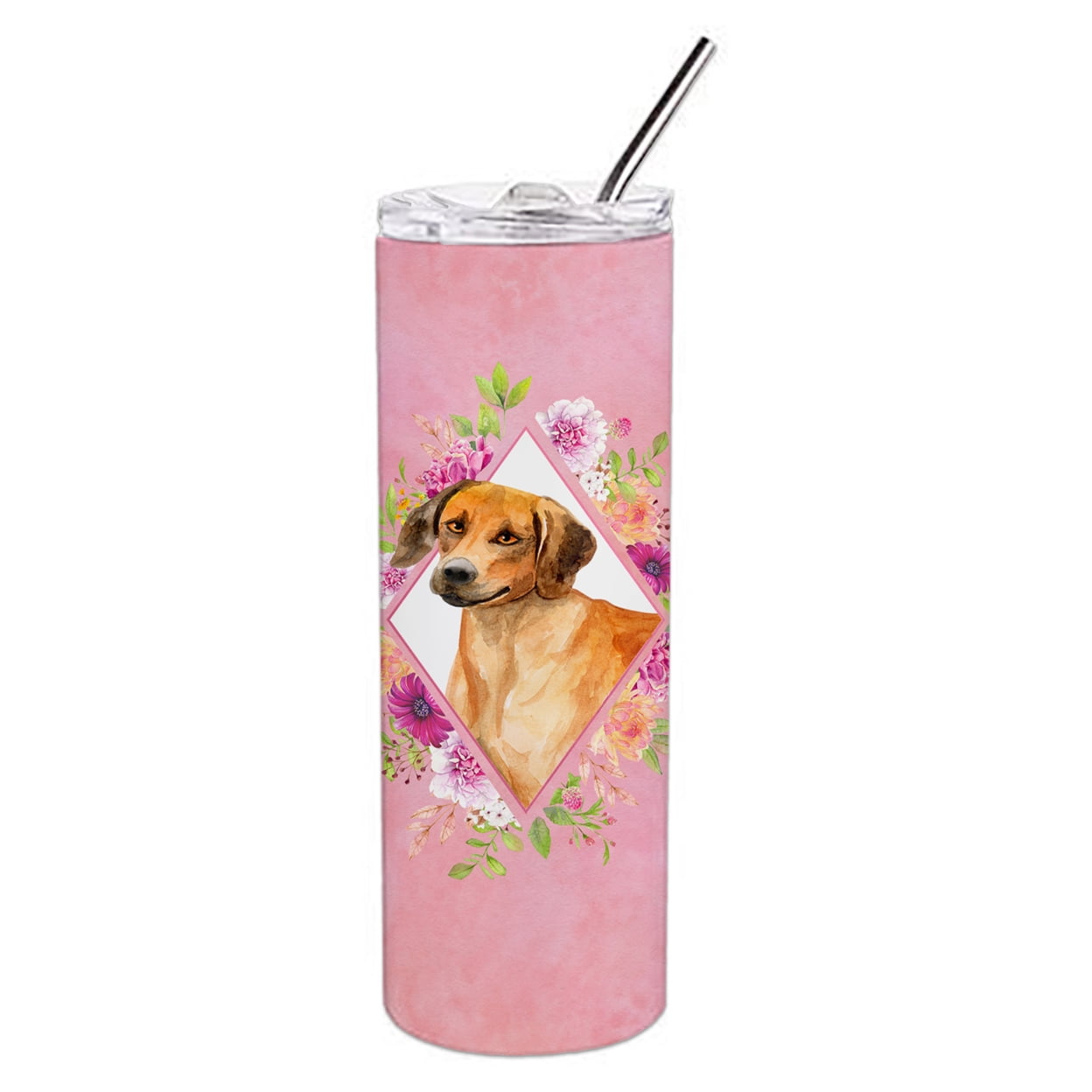 Picture of Carolines Treasures CK4175TBL20 20 oz Rhodesian Ridgeback Pink Flowers Double Walled Stainless Steel Skinny Tumbler