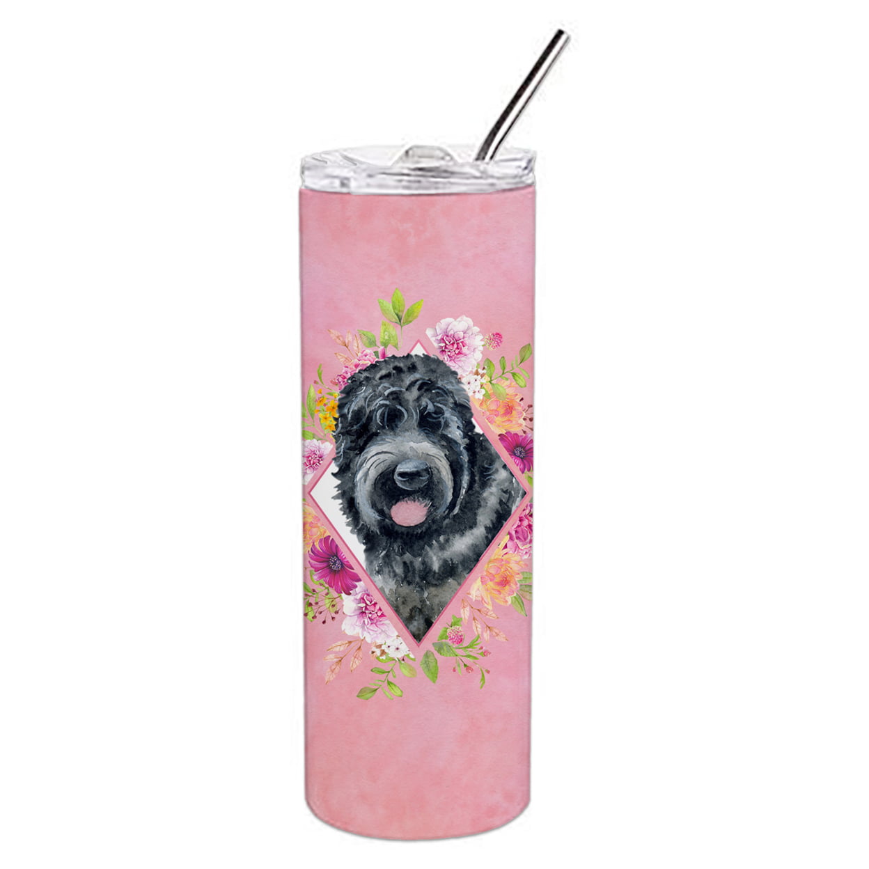 Picture of Carolines Treasures CK4176TBL20 20 oz Russian Black Terrier Pink Flowers Double Walled Stainless Steel Skinny Tumbler